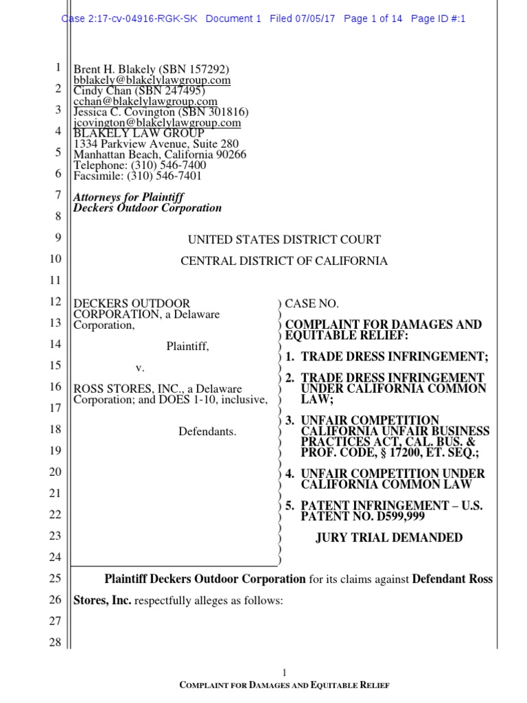Deckers v. Ross Complaint (217cv04916) PDF Damages Trade Dress
