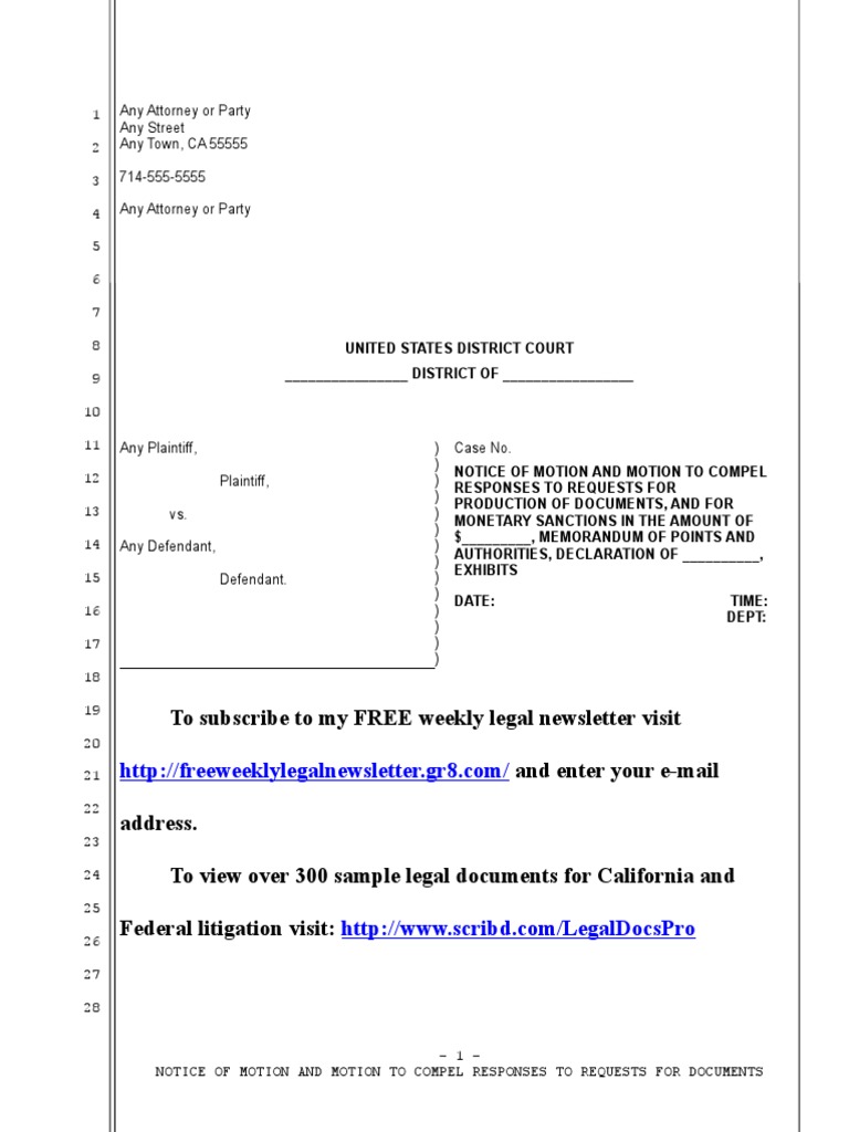 Sample Motion To Compel Responses To Requests For Documents in United