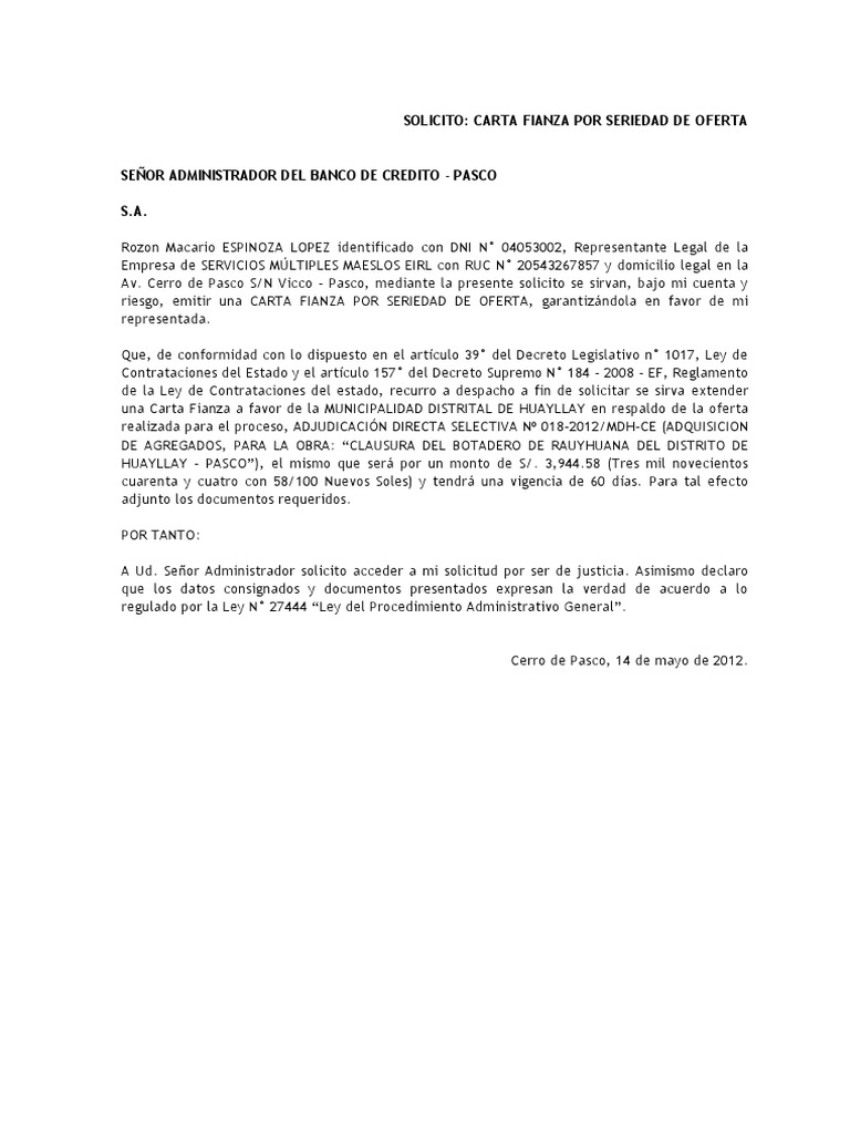 Solicitud De Carta Fianza