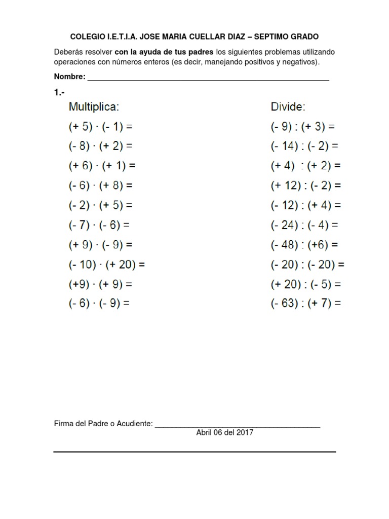 Ejercicios de Operaciones con Enteros | PDF | Entero | Álgebra Universal