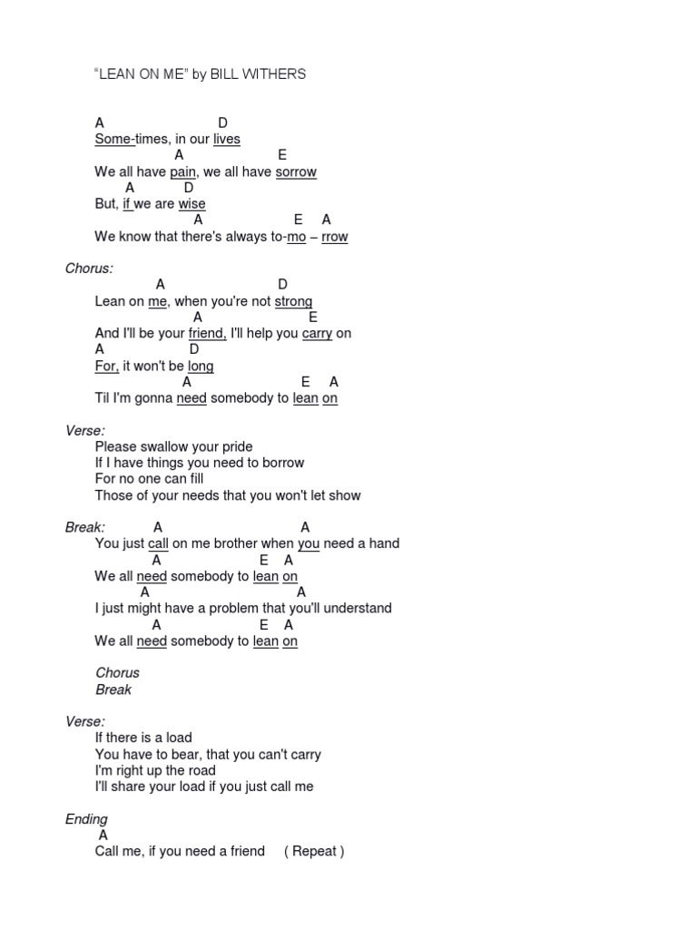 Bill Withers Lean On Me Chords And Lyrics Pdf Song Structure Songs