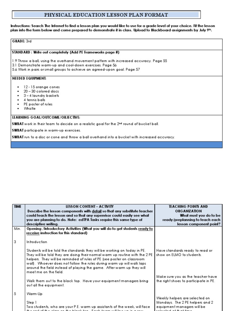 Pe Lesson Physical Education Lesson Plan