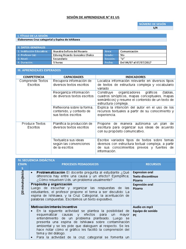 Sesion De Aprendizaje 01 U5 Quinto Pdf Informacion Maestros
