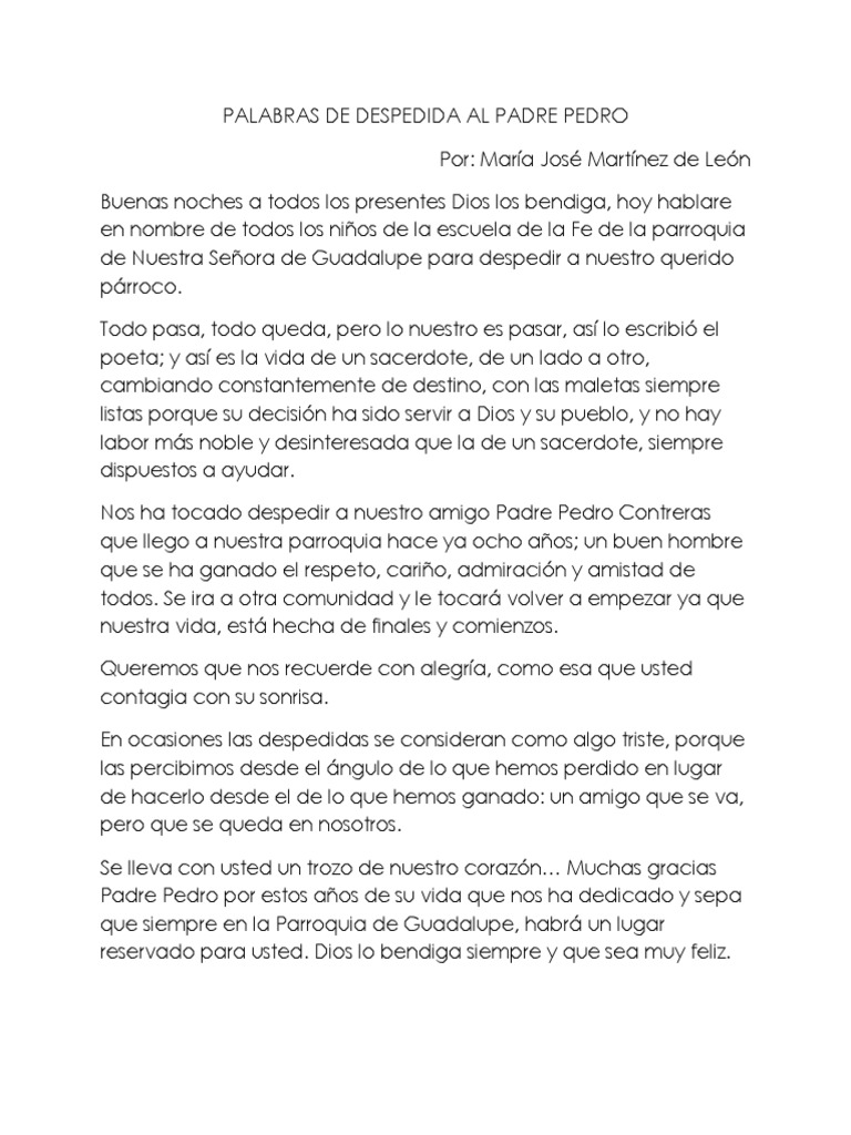 Palabras de Despedida a un sacerdote Palabras de Despedida a un sacerdote