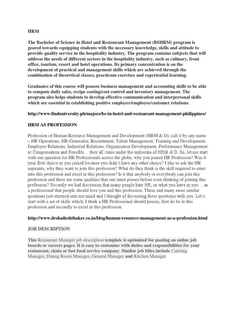 Hrm Human Resource Management Restaurants