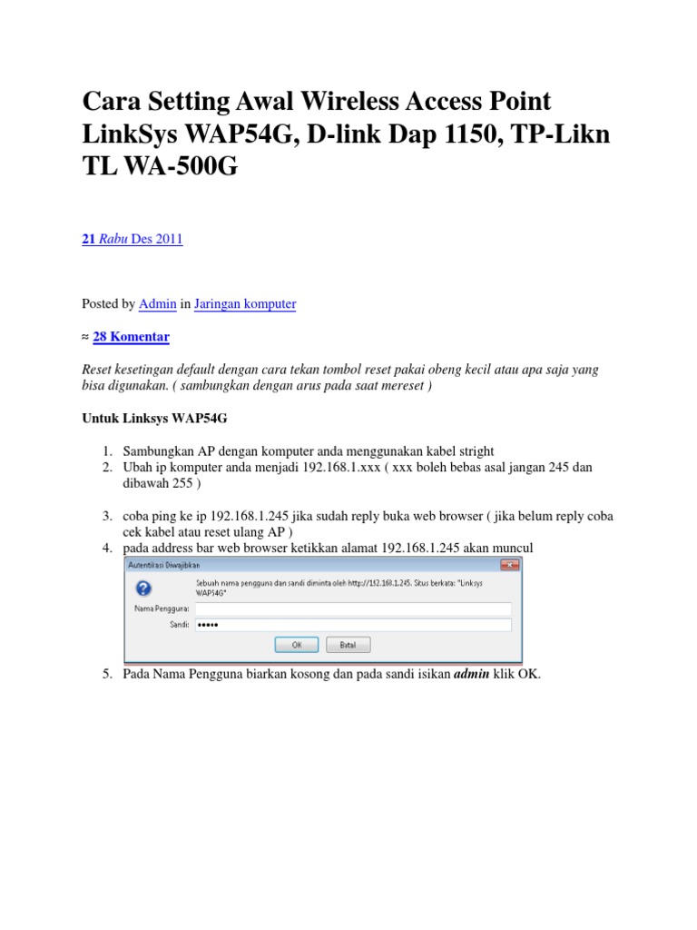 Cara Setting Awal Wireless Access Point LinkSys WAP54G PDF