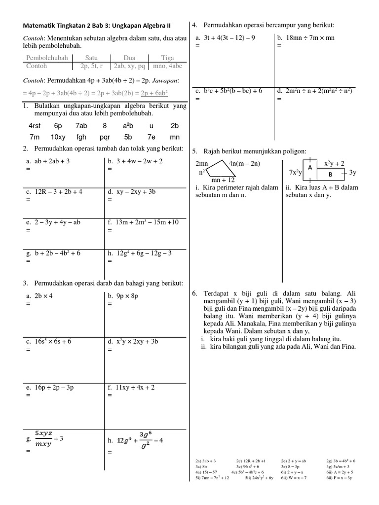 Matematik Tingkatan 2 Bab 3 Ungkapan Algebra Ii Pdf Pdf