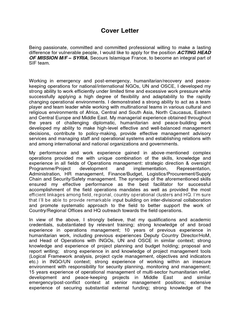 Cover Letter | Humanitarian Aid | Non Governmental Organization