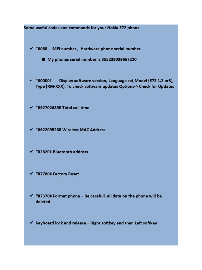 Essential Codes for Nokia E72 Users | PDF