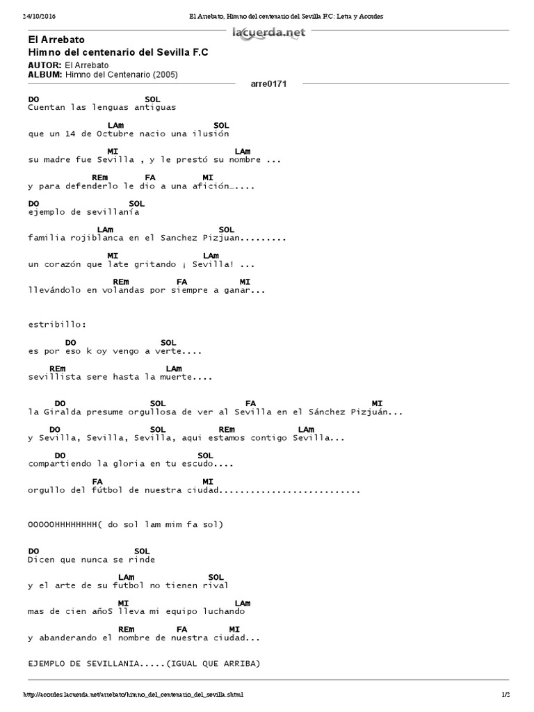 La letra y acordes del himno del centenario del Sevilla F.C., titulado