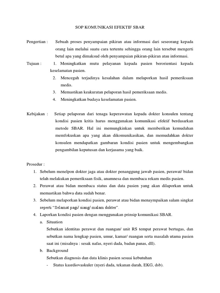 SOP Komunikasi Efektif Metode SBAR | PDF | Sains & Matematika
