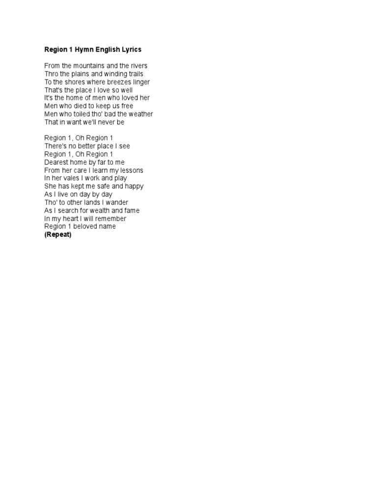 Region 1 Hymn English Lyrics