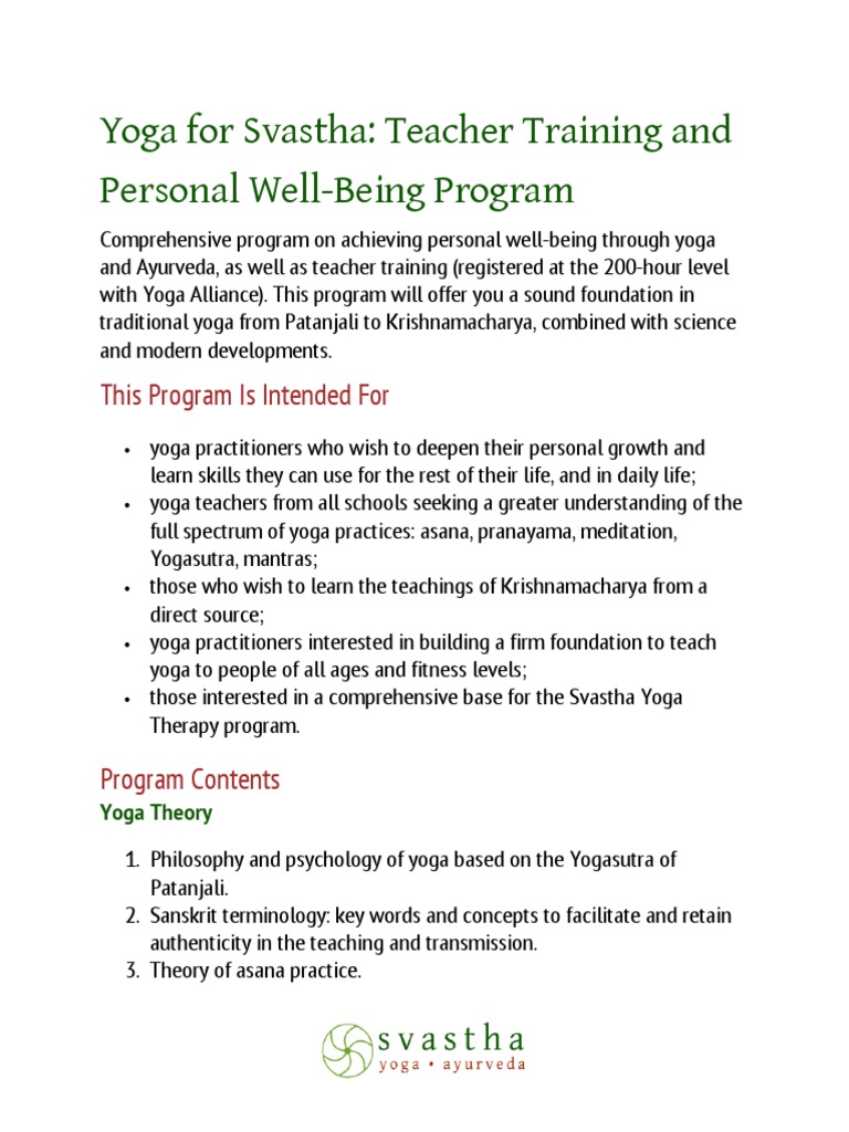 Yoga For Svastha: Teacher Training and Personal Well-Being Program ...