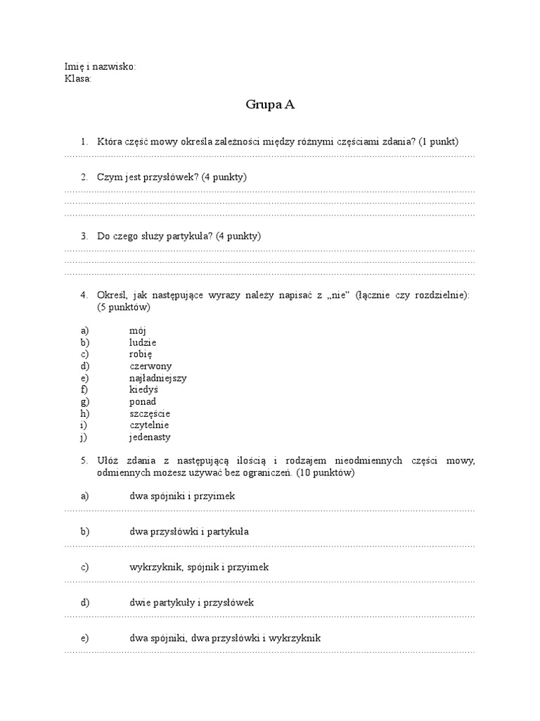 Sprawdzian Z Części Mowy Klasa 5 Z Odpowiedziami Wsip Nieodmienne Części Mowy | PDF