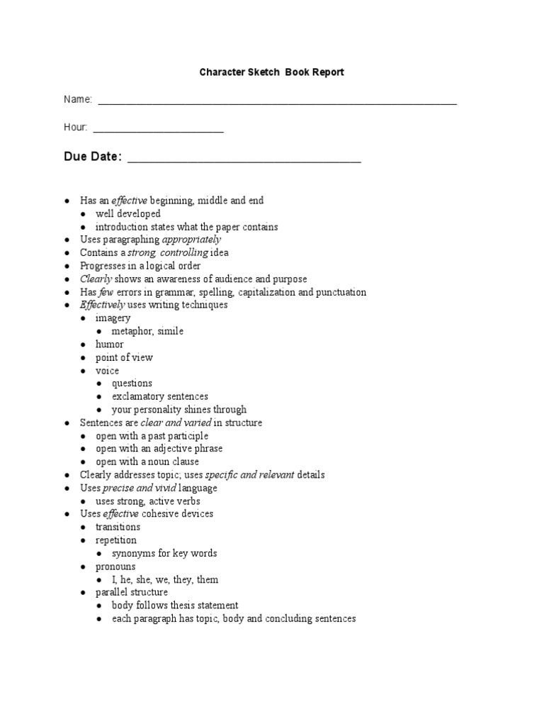 Character Sketch Book Report Guide | PDF | Language Arts & Discipline