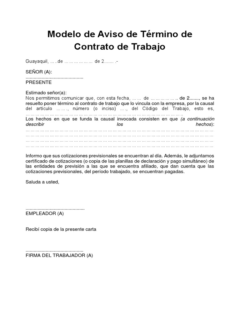 Introducir 77+ imagen modelo de aviso de término de contrato de trabajo