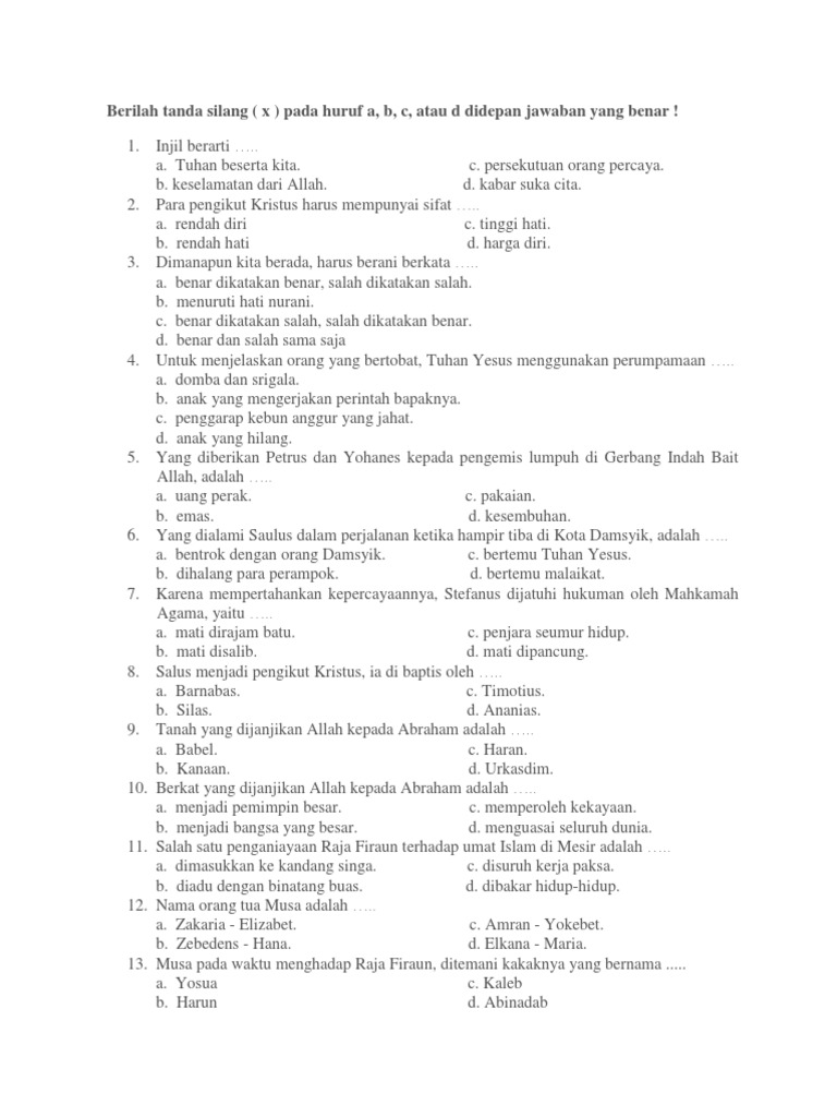 Soal Agama Kristen Kelas 4 Sd Semester 1