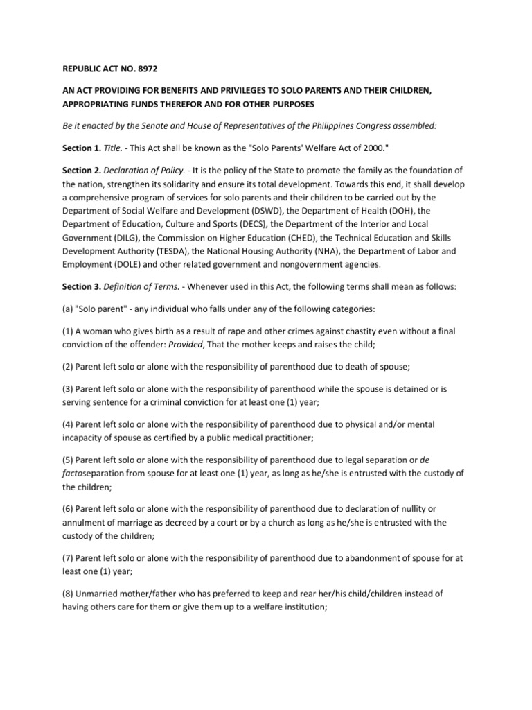 RA 8972 Solo Parent Law | PDF