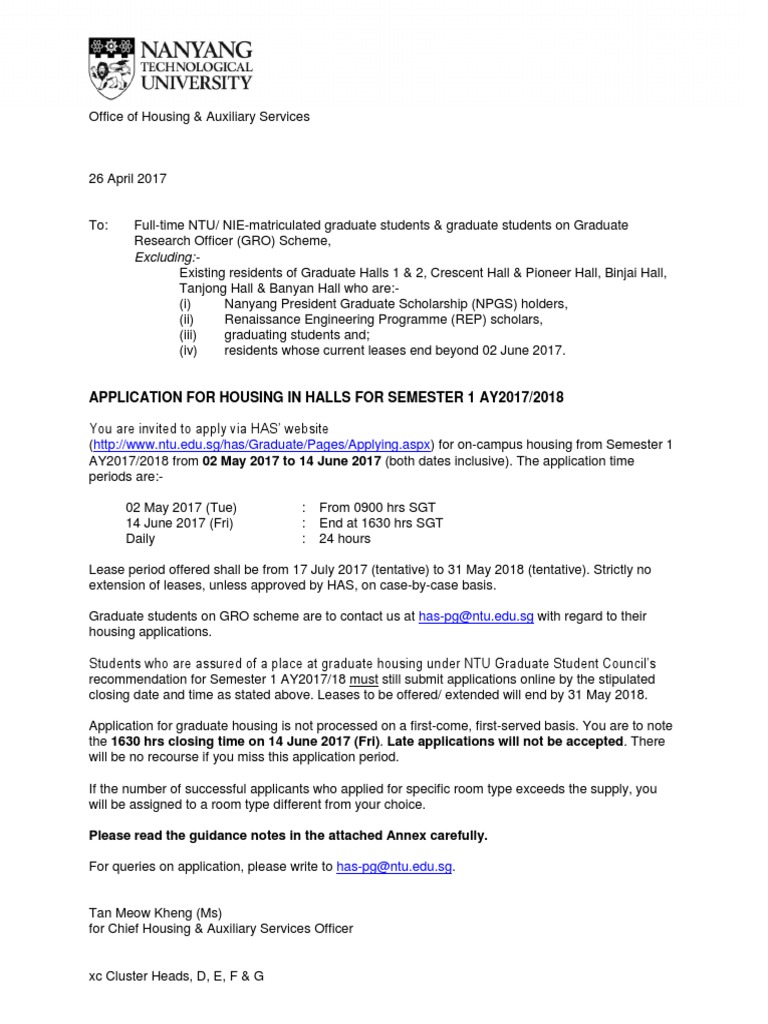 NTU Graduate Housing Application 2017 | PDF | Graduate School |  Postgraduate Education
