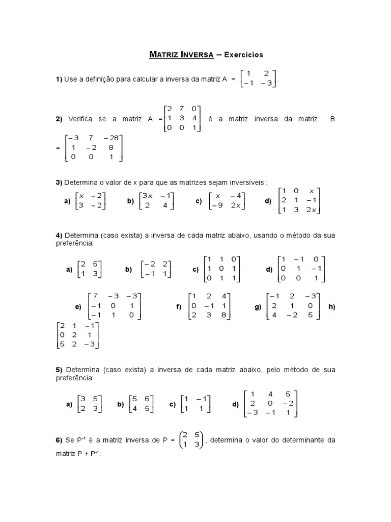 Exercícios Matriz Inversa | PDF | Teoria do Operador | Matriz (Matemática)