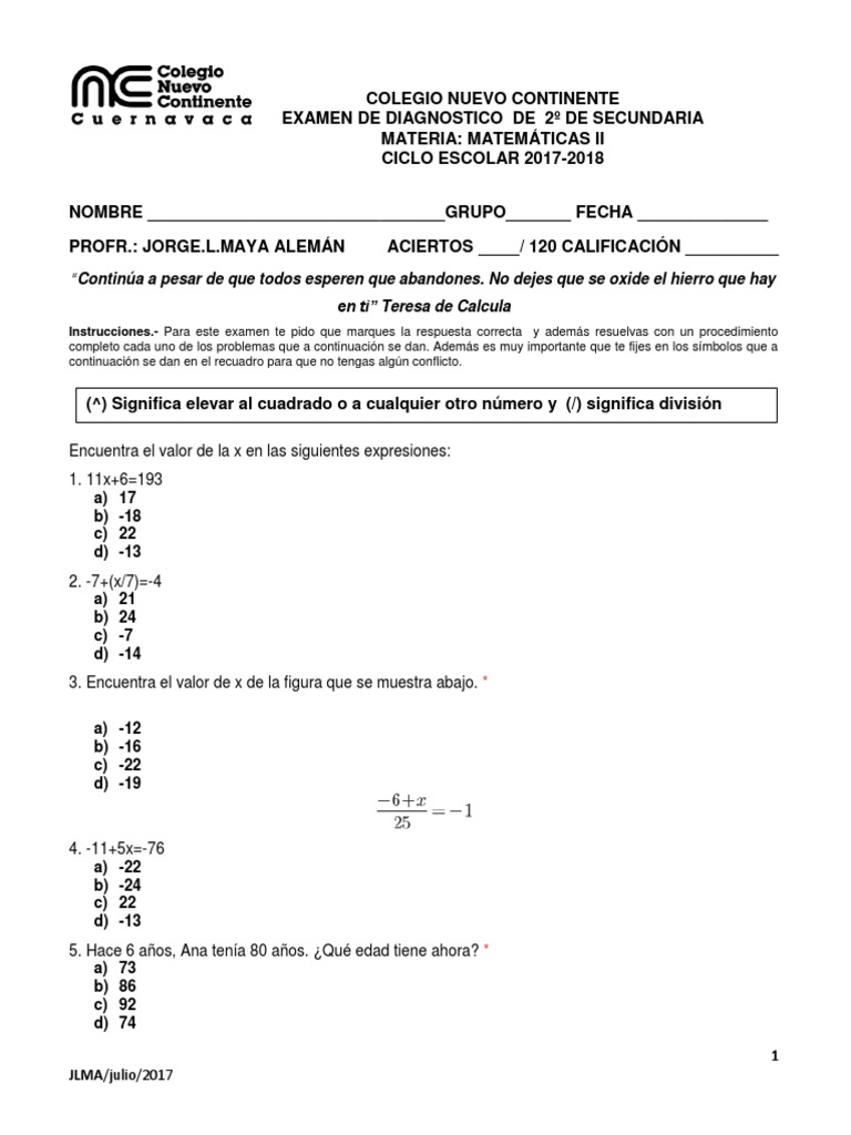 Examen De Diagnostico De Matematicas Ii Secundaria Ciclo 2017 2018