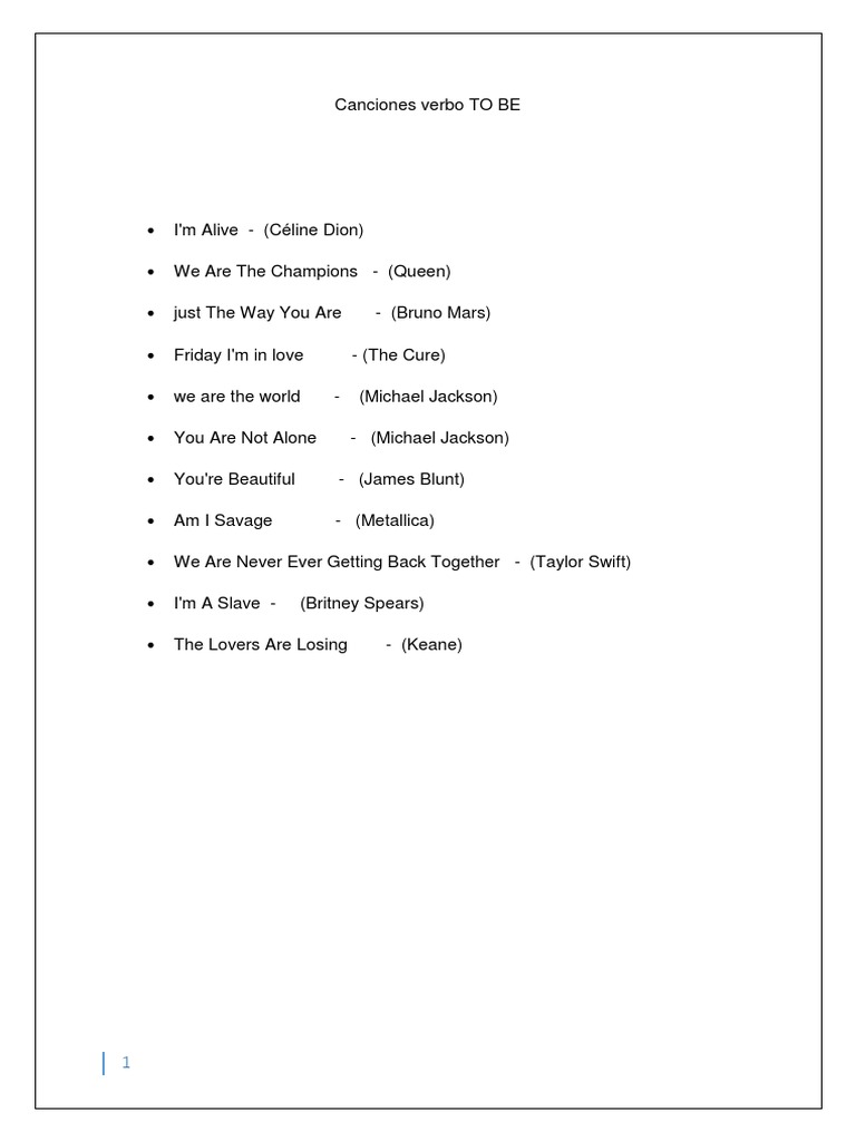 Atividade De Ingles Com Musica Verbo To Be