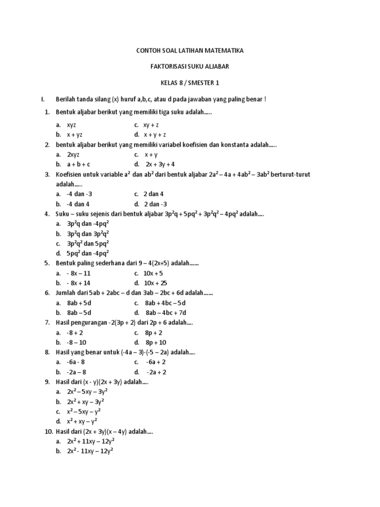 8 1 Contoh Soal Latihan Matematika Faktorisasi Suku Aljabar Kelas