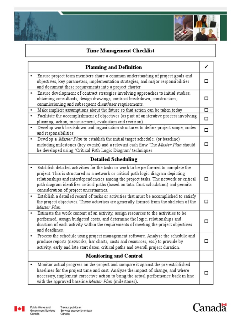 Time Management Checklist Planning and Definition Master Plan To