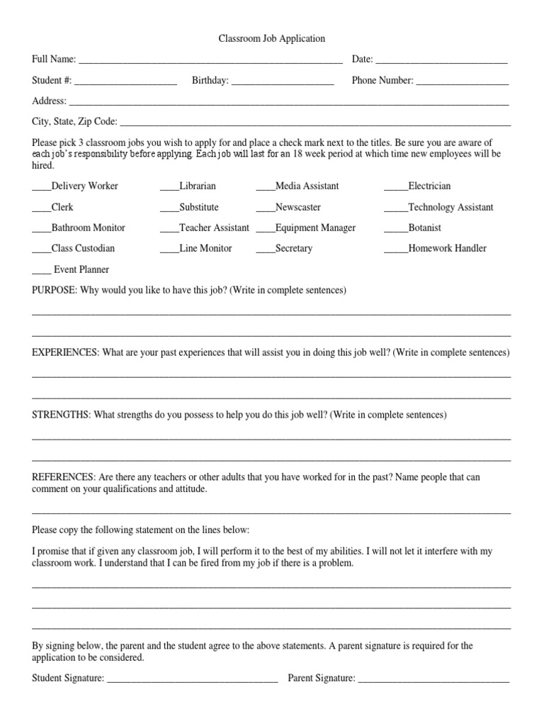 Classroom Job Application PDF Labour Employment