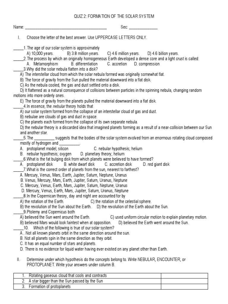 Solar System Formation Theories Worksheets