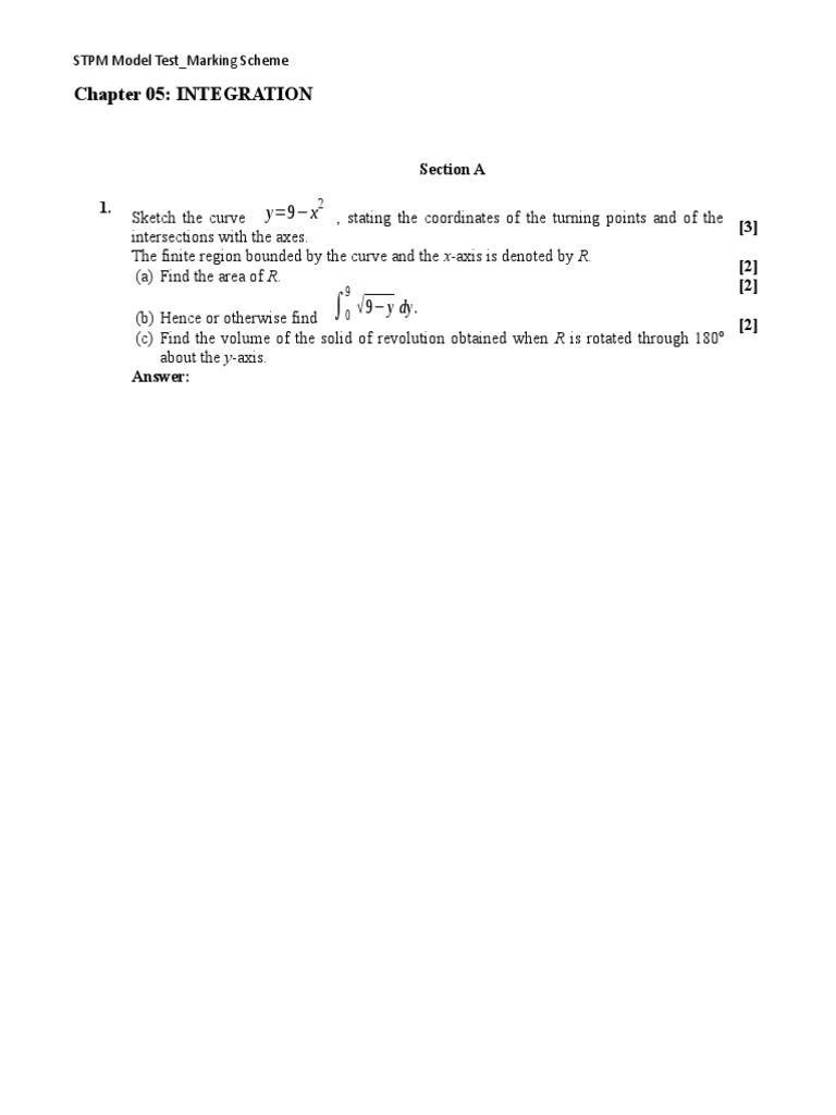 STPM Integration Model Test Solutions | PDF | Calculus | Length