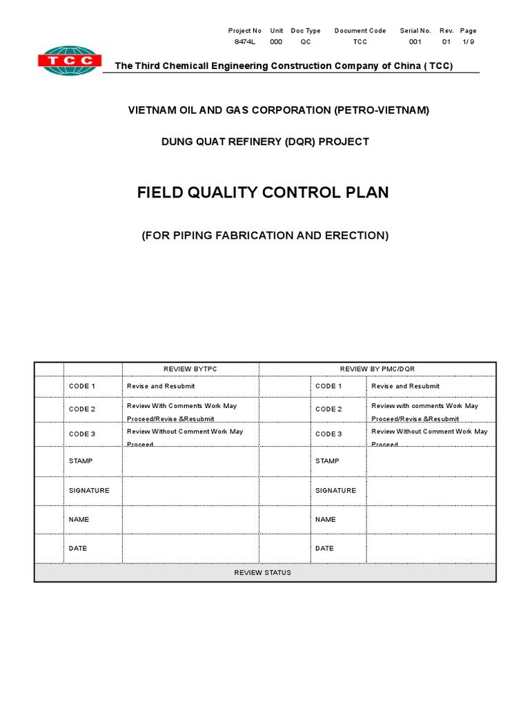 Field Quality Control Plan PDF Pipe (Fluid Conveyance