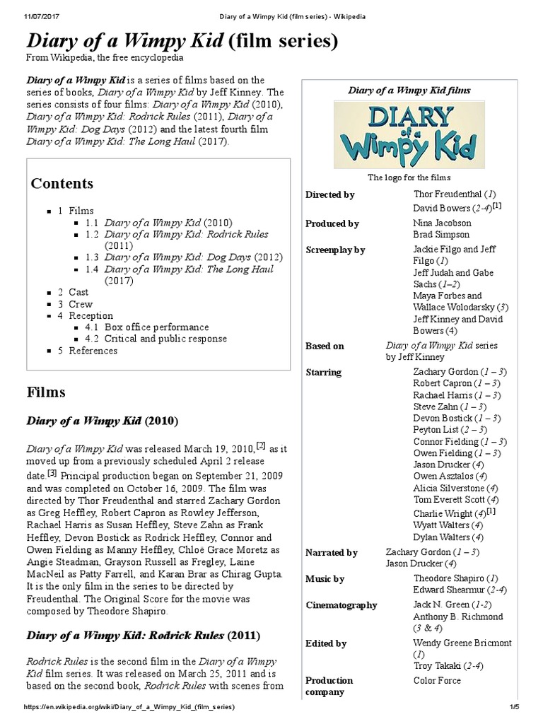 Diary Of A Wimpy Kid Film Series Wikipedia Fictional Diaries