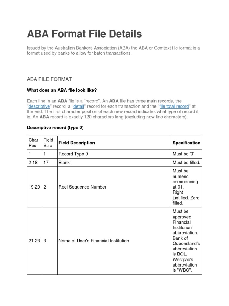 ABA Format File Details | PDF | Debits And Credits | Financial Transaction