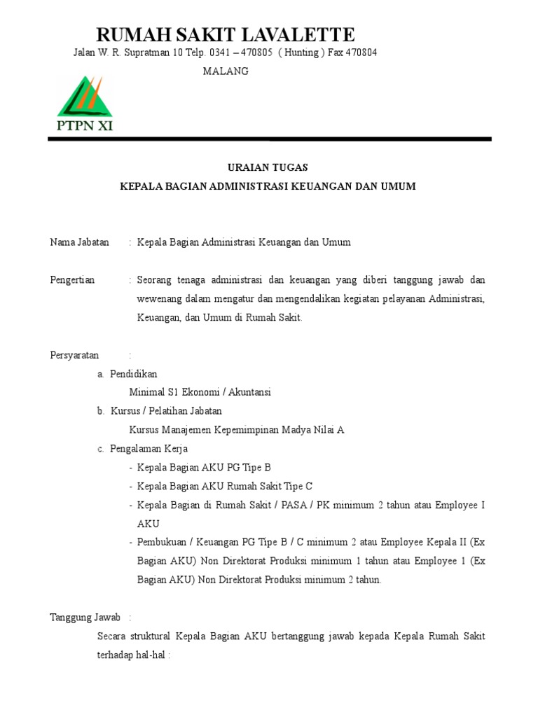 Uraian Tugas Kepala Bagian Administrasi Keuangan Umum