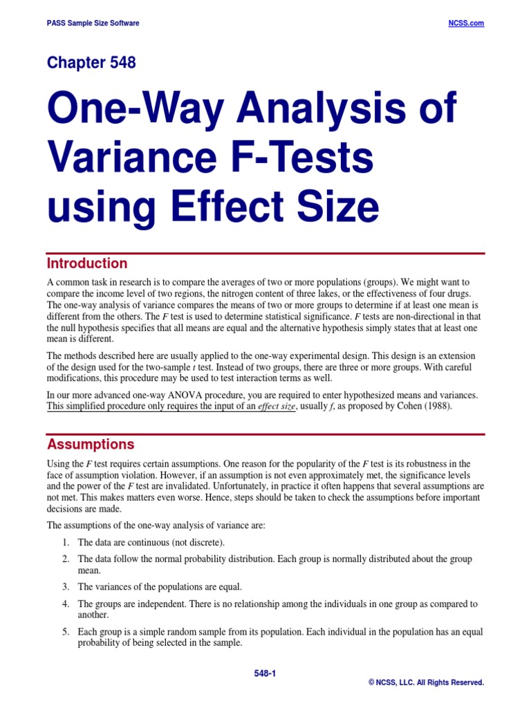 One-Way Analysis of Variance F-Tests Using Effect Size | PDF ...