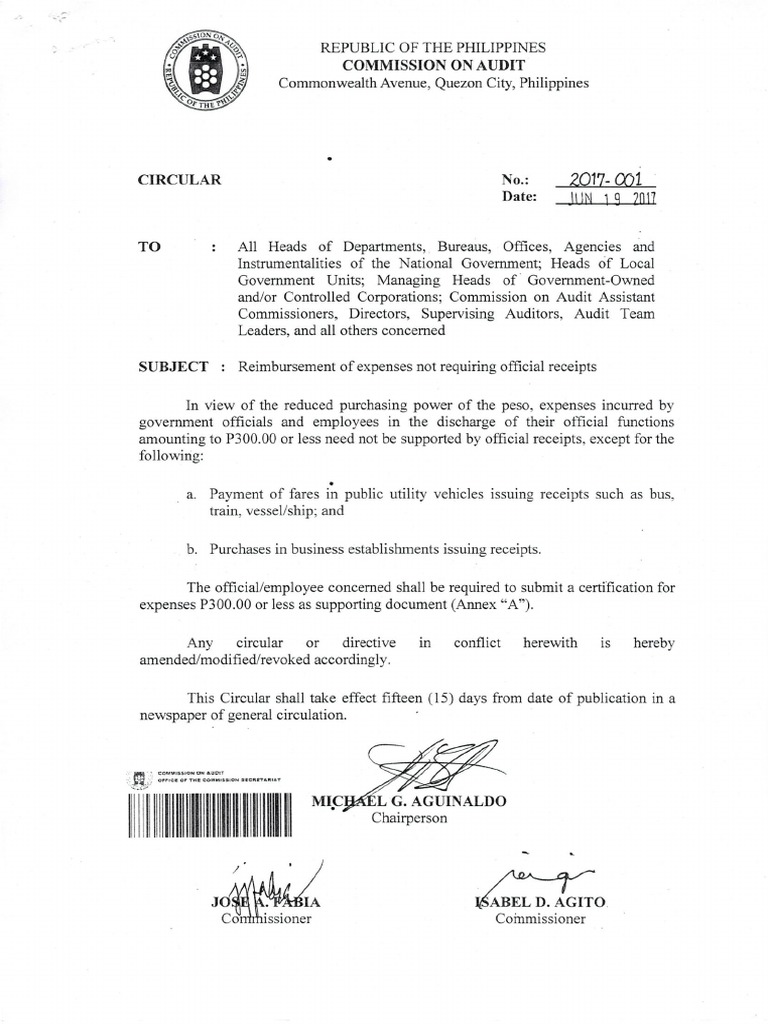 COA_C2017001 Expenses Below 300 Not Requiring Receipts Expense Audit