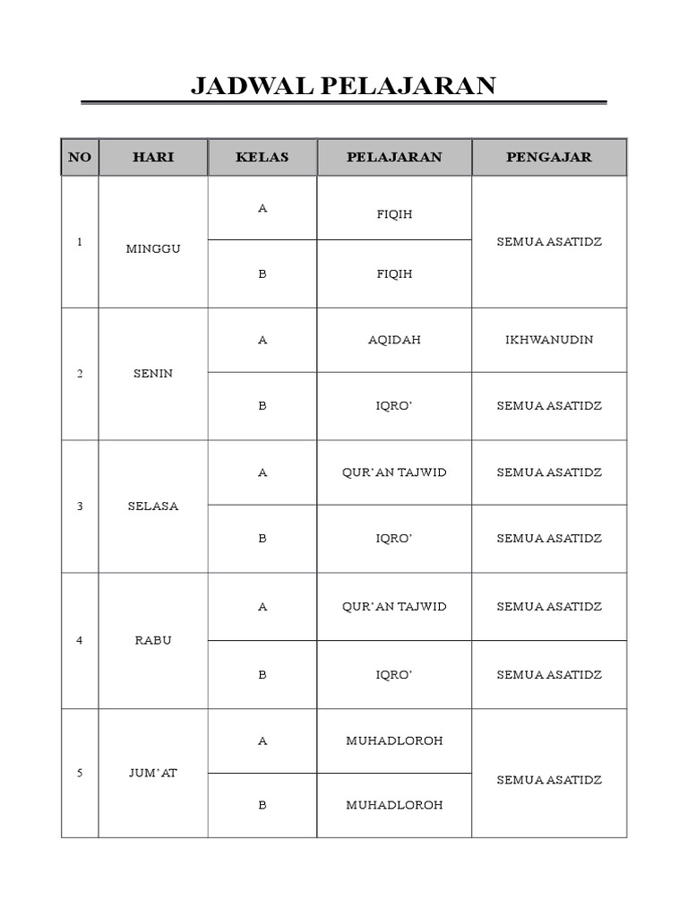 Jadwal Pelajaran Tpa
