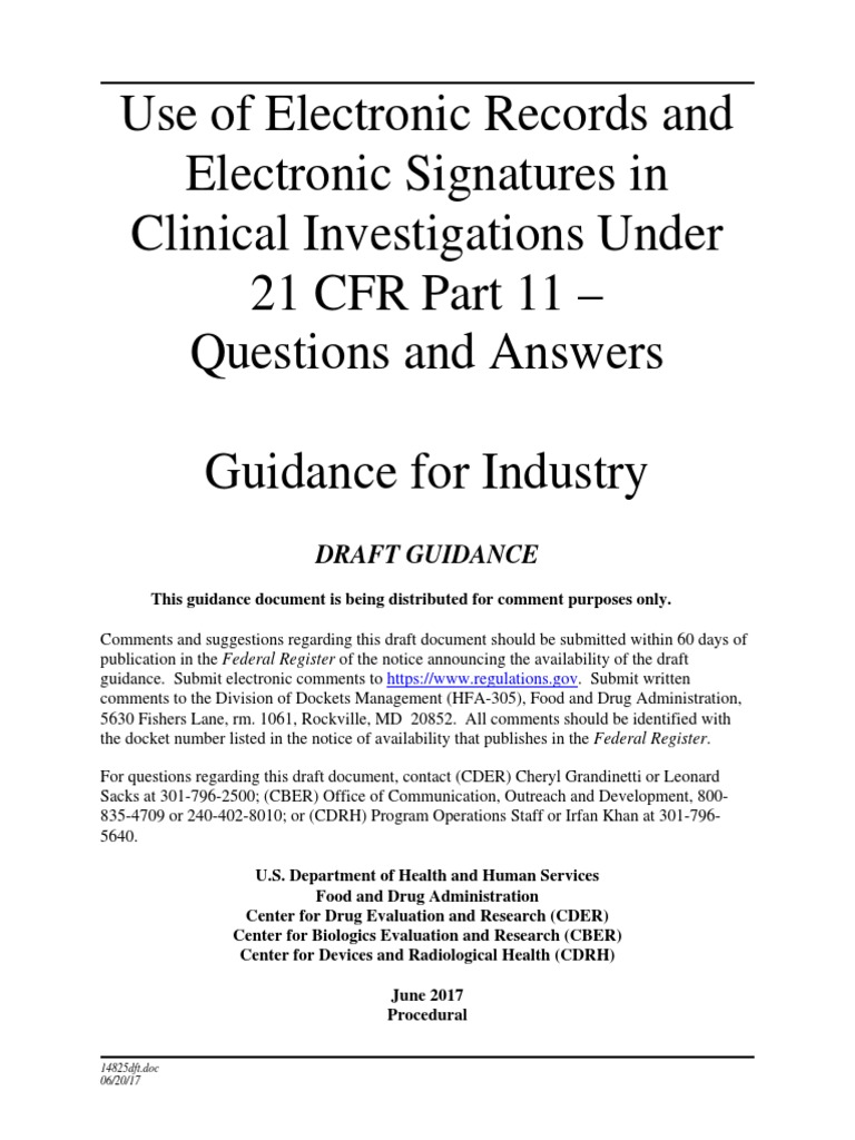 FDA DRAFT Guidance Use of Electronic Records and Electronic
