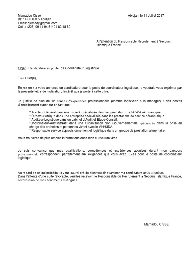 lettre de motivation au poste de COORDINATEUR LOGISTIQUE.pdf Business