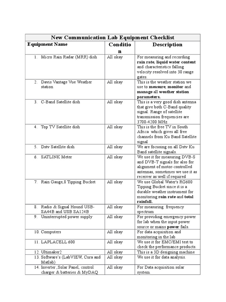 New Communication Lab Equipment List PDF Rain Satellite