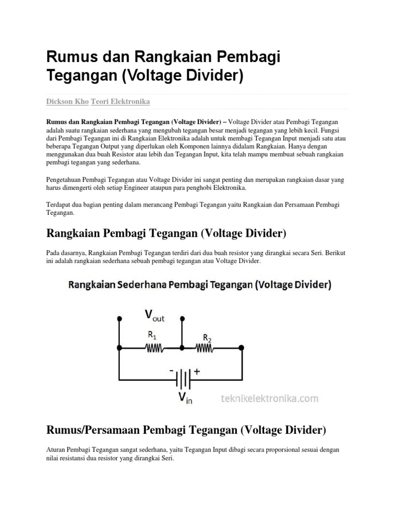 Rumus Dan Rangkaian Pembagi Tegangan