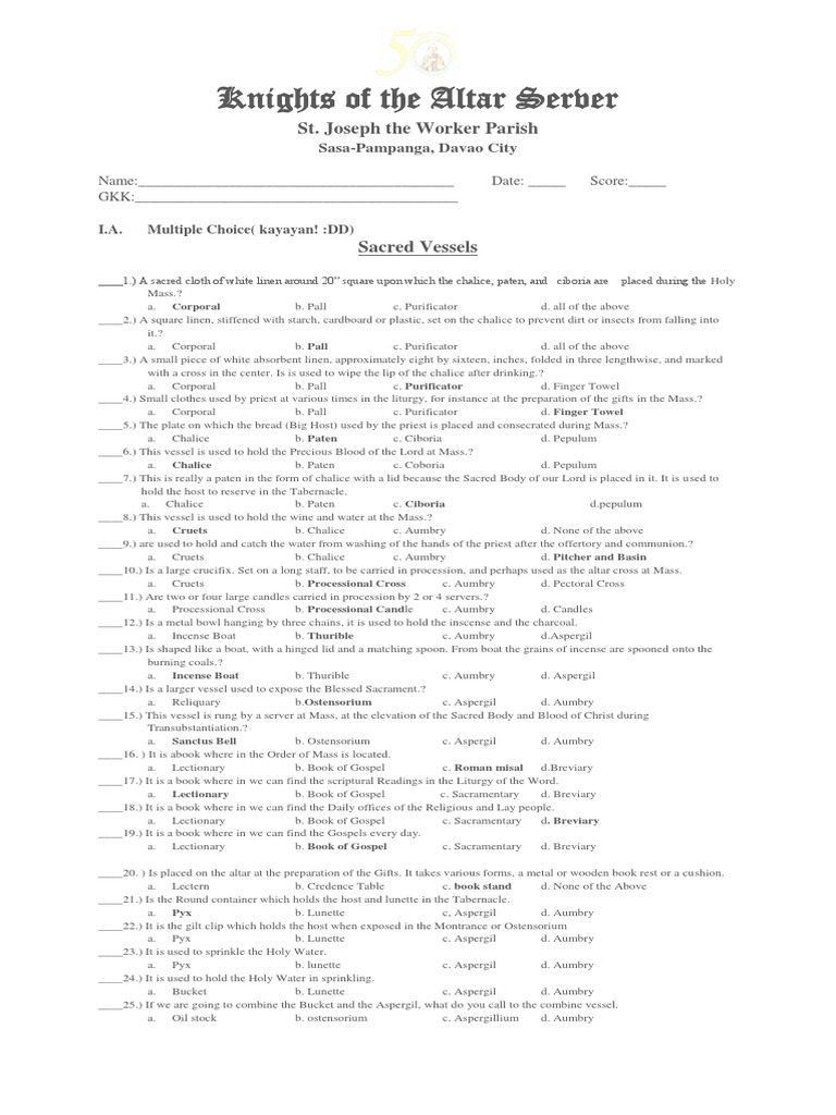 Knights of the Altar Server Final Exam | Mass (Liturgy) | Eucharist