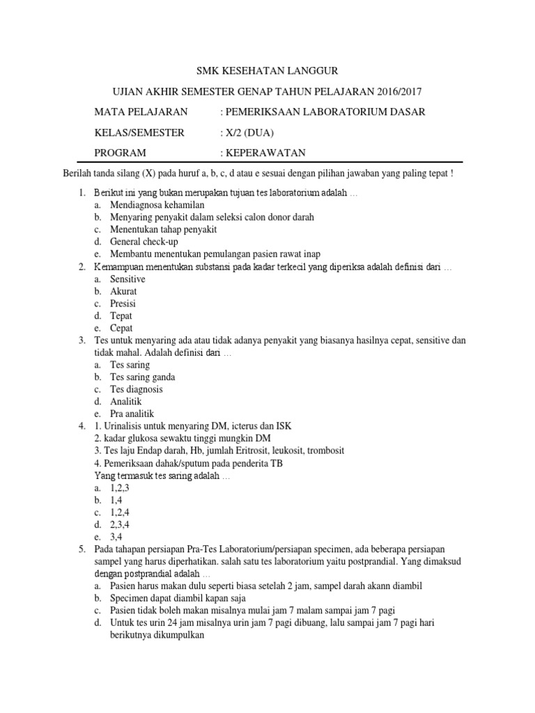 Smk Kesehatan Langgur Soal Pemeriksaan Dasar Lab