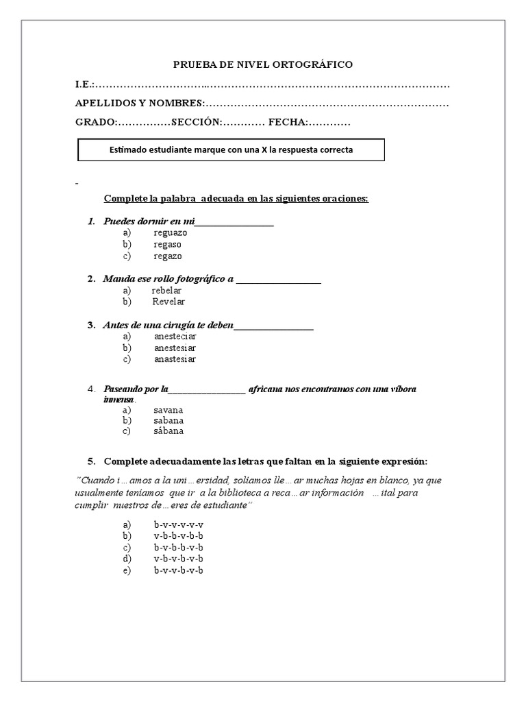Prueba de Nivel Ortográfico Ocio