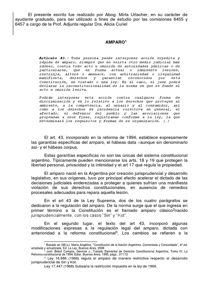 Acción de Amparo en la Constitución Argentina | PDF | Habeas corpus ...
