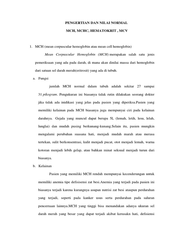 Pengertian Dan Nilai Normal Mch Mchc Hematokrit Mcv Pdf