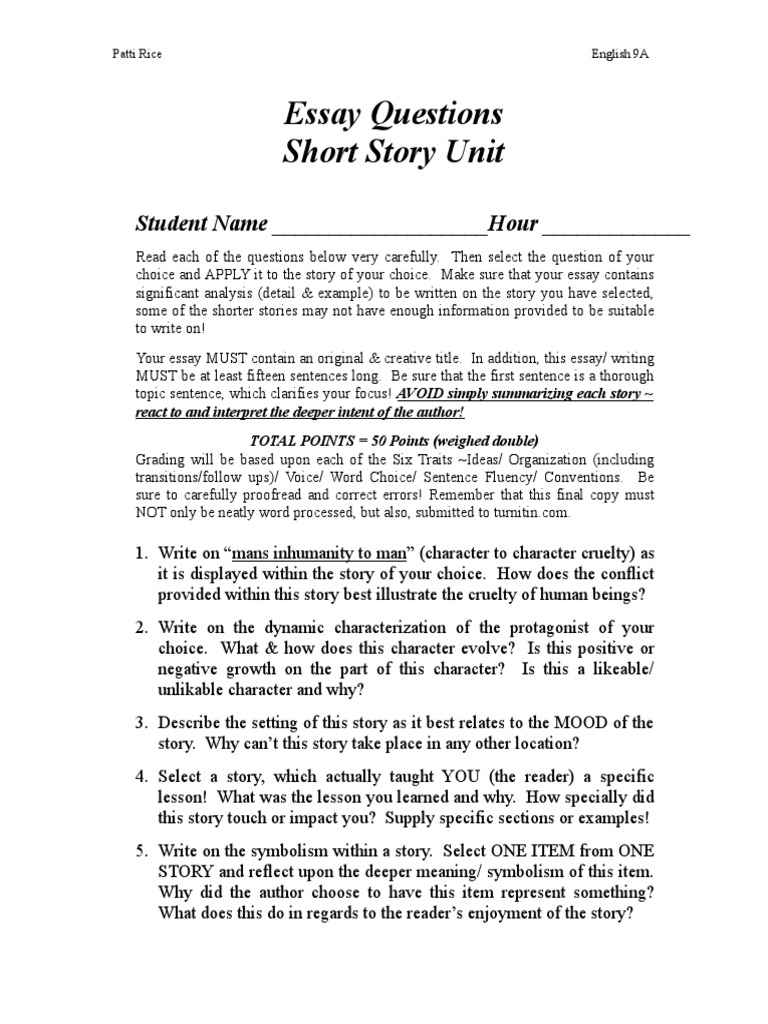 Essay Questions For Short Story Unit  PDF  Essays  Question