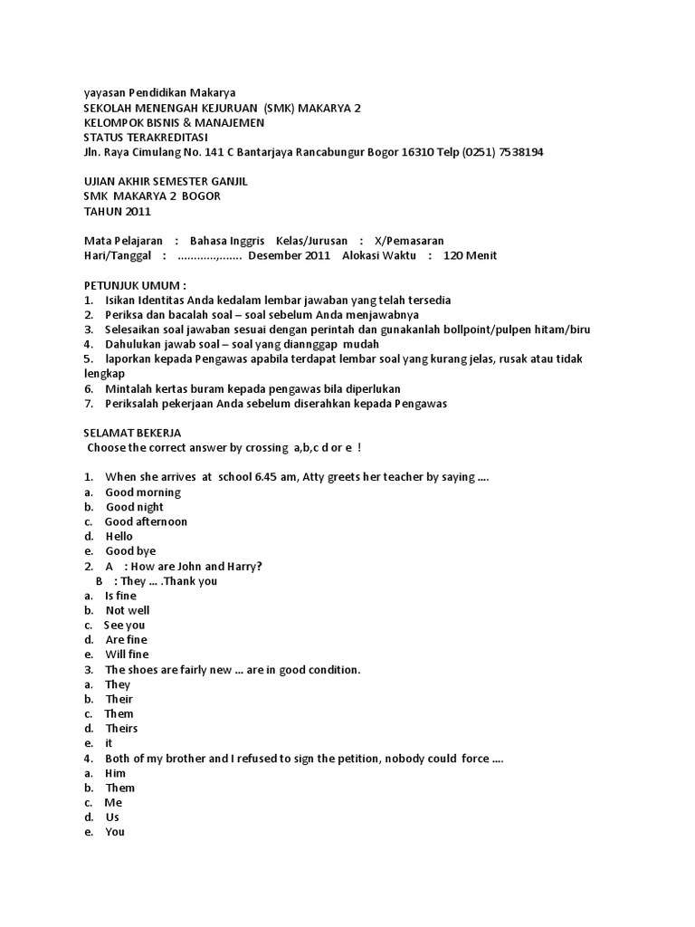 Soal soal bahasa inggris lia