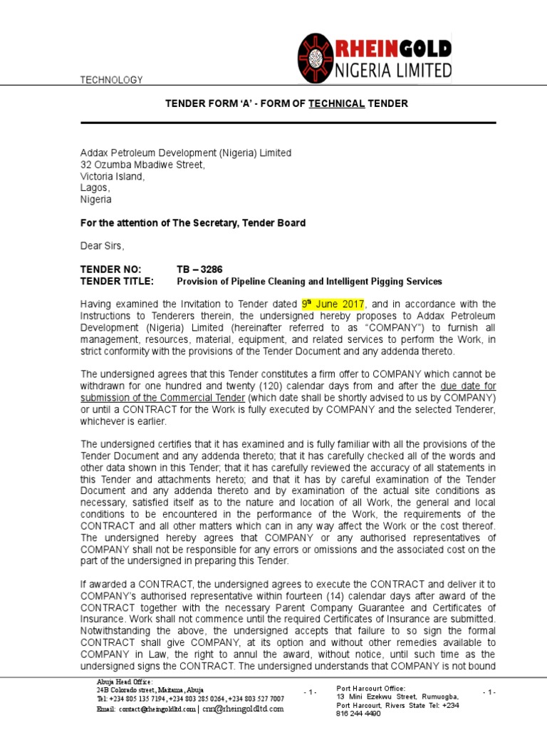 Tender Form ‘a’ Form of Technical Tender Common Law Social